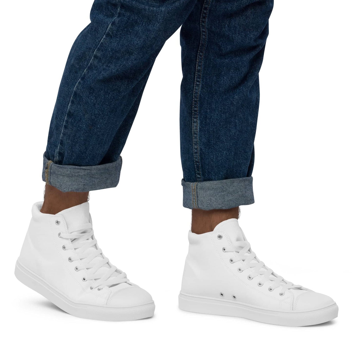 White high-top statement sneakers for men worn with cuffed blue jeans by kallistii