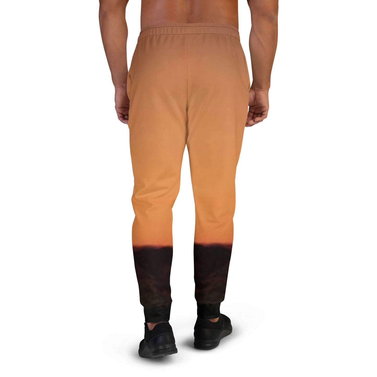 Back view of male model wearing Mesa Joggers with bold design featuring brown to black gradient