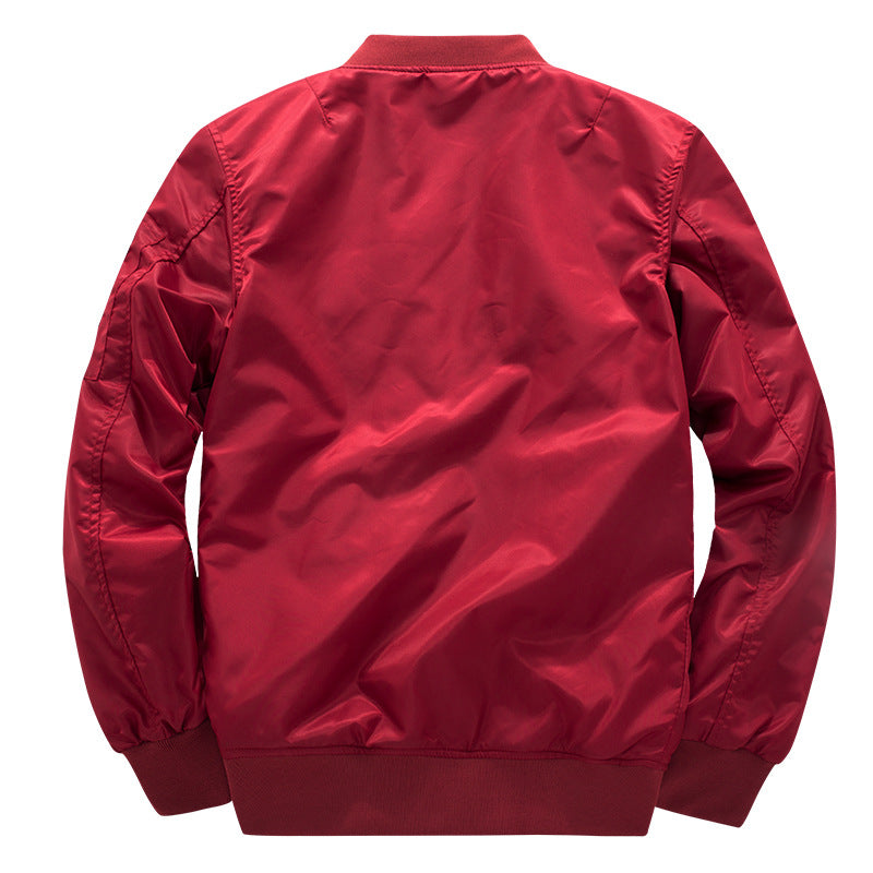 Red street style bomber jacket by kallistii shown from the back with ribbed cuffs and waistband