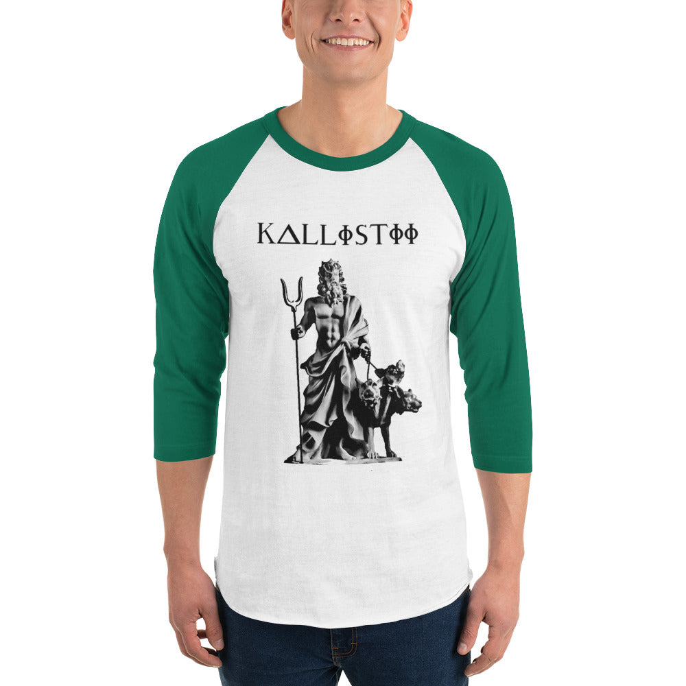 Kallistii Hades raglan shirt unisex with green sleeves and black graphic of Hades holding a trident