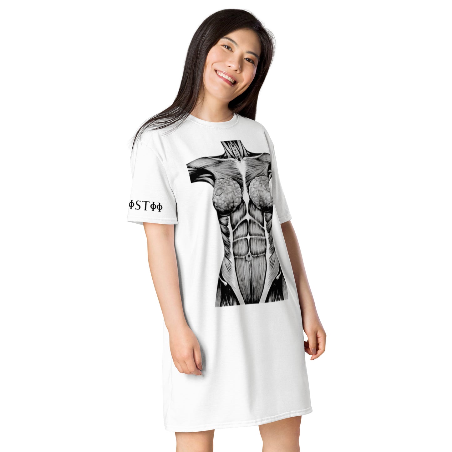 Kallistii muscle anatomy t-shirt dress in white with black muscle print worn by smiling woman