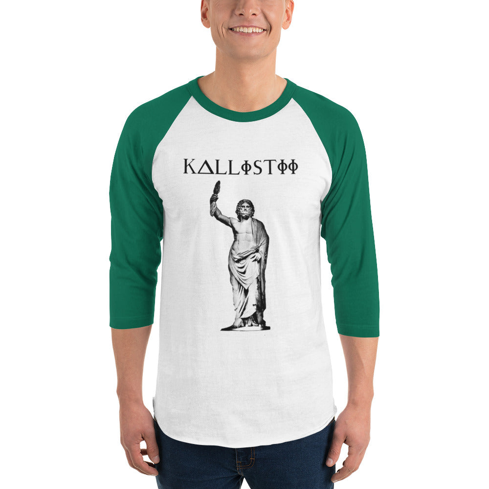 Kallistii Zeus raglan shirt with green sleeves and white body featuring a Zeus statue graphic