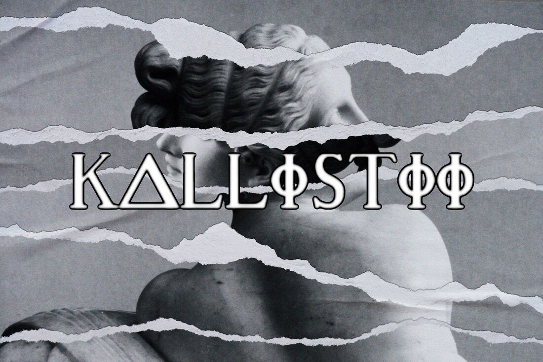 Unique fashion for men and women collection featuring artistic black and white torn paper design with classical statue background