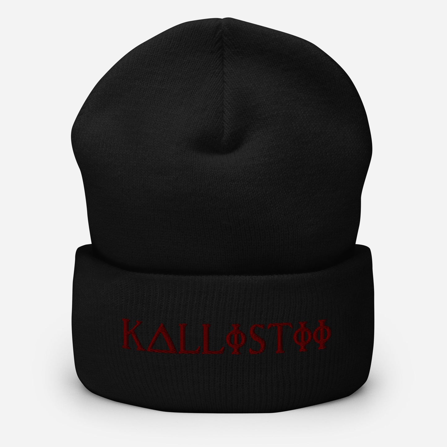 Black KALLISTII embroidered beanie with red unique logo design on the folded cuff