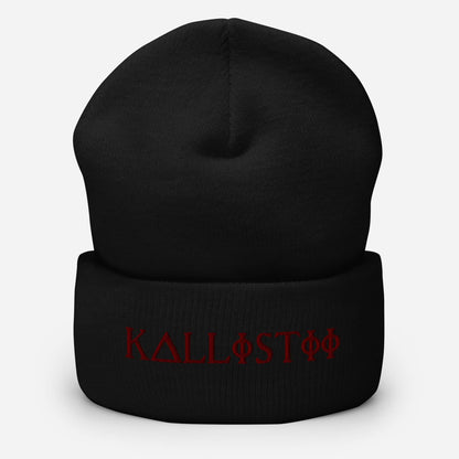 Black KALLISTII embroidered beanie with red unique logo design on the folded cuff