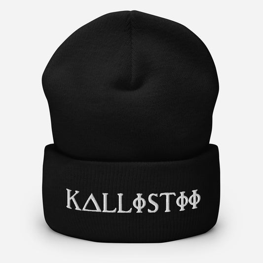 Black KALLISTII embroidered beanie with white unique logo embroidery on cuff