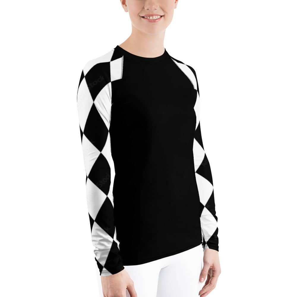 Kallistii long sleeve UPF swim top with black body and black white checkered sleeves