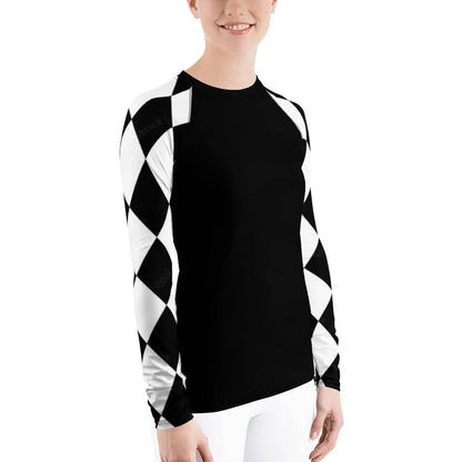 Kallistii long sleeve UPF swim top with black body and black white checkered sleeves