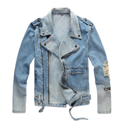 Kallistii blue denim motorcycle jacket with distressed details and front zipper closure