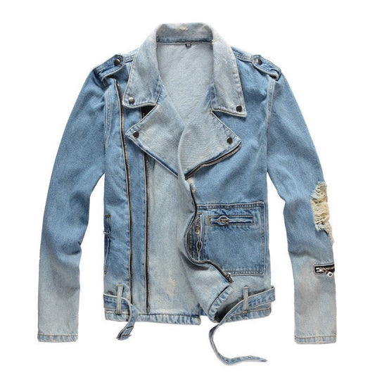 Kallistii blue denim motorcycle jacket with distressed details and front zipper closure