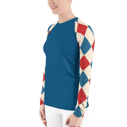 Kallistii long sleeve UPF swim top with blue body and red cream checkered sleeves for sun protection