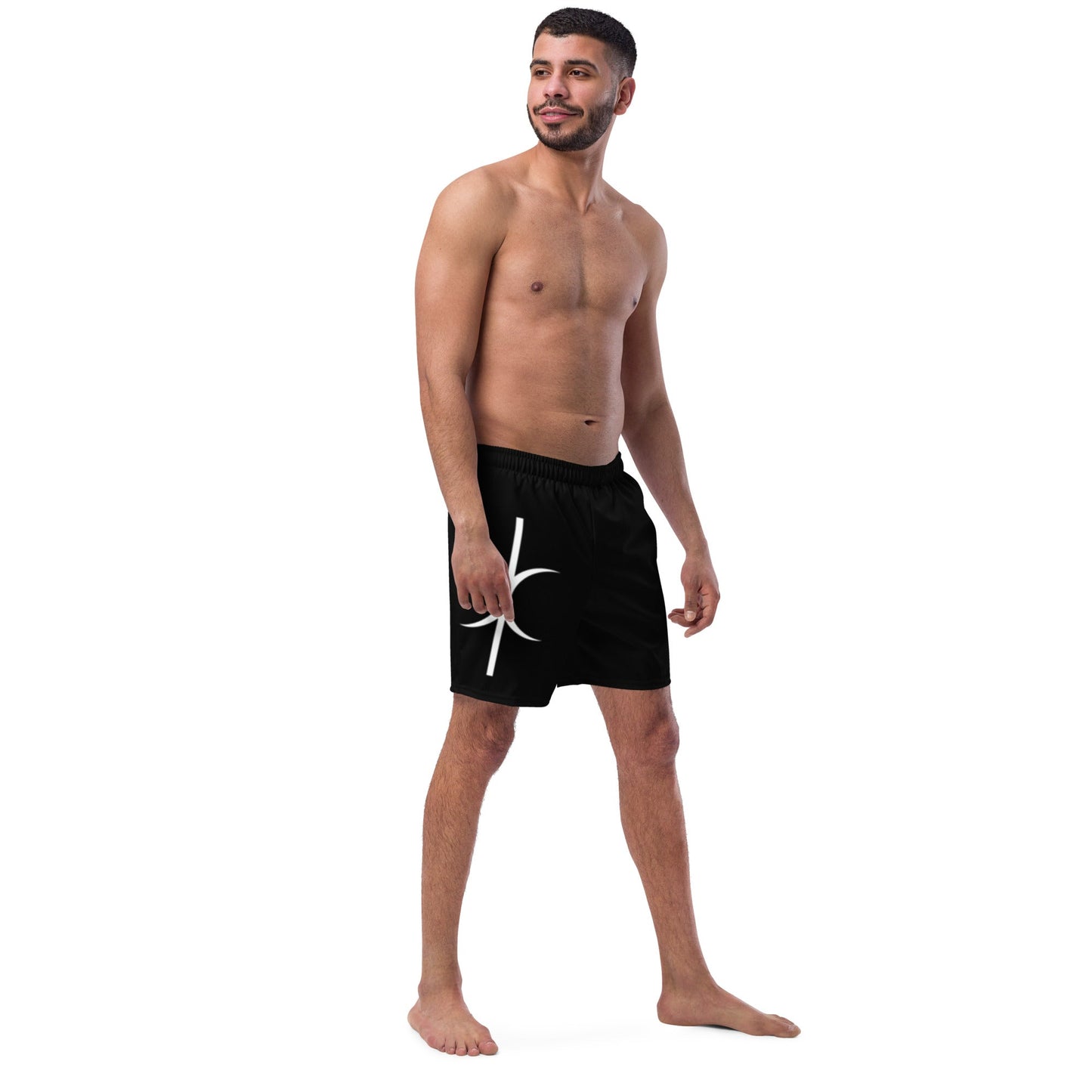 Man wearing black Hands of Eris swim trunks with white graphic design by kallistii