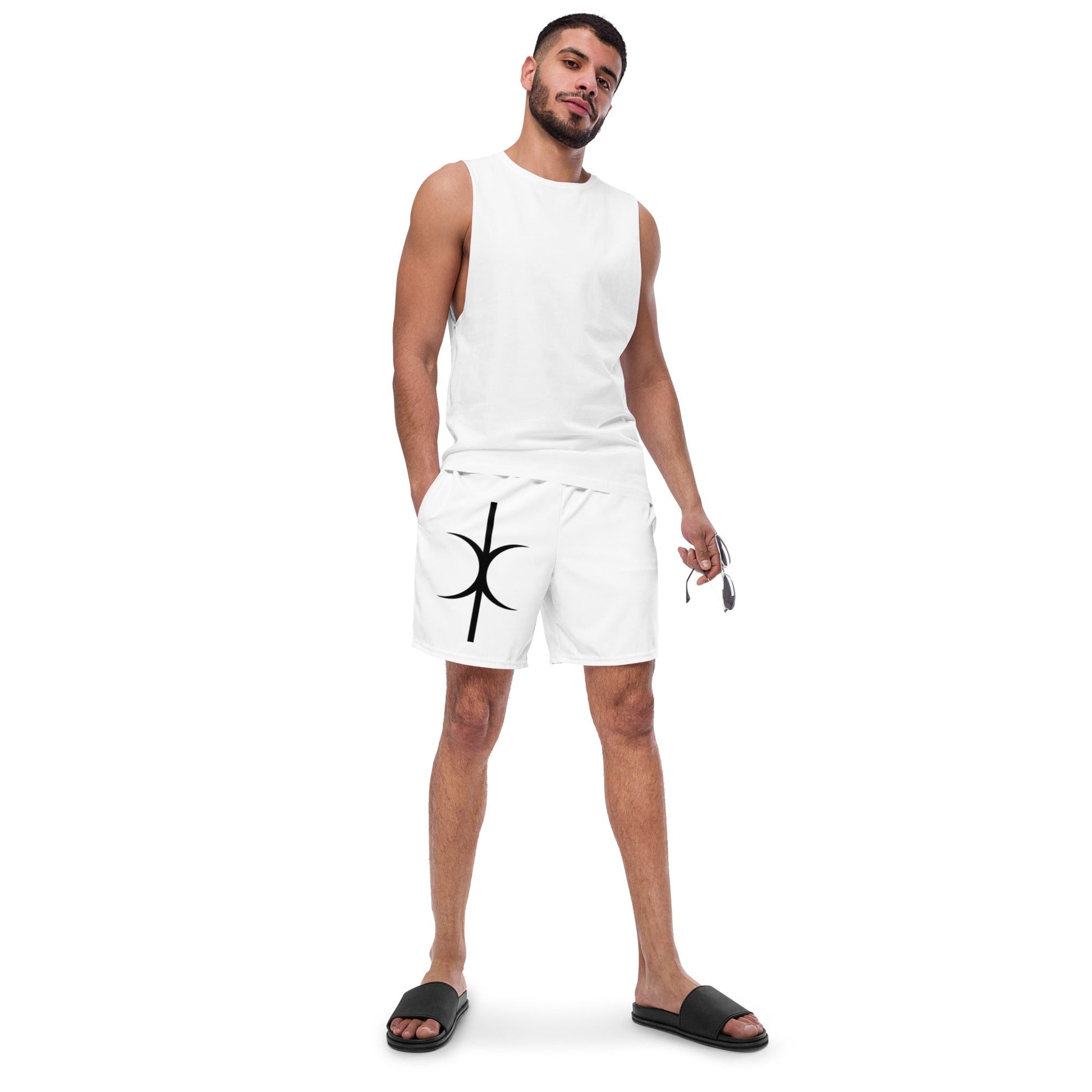Male model wearing white Hands of Eris swim trunks with black logo design and white sleeveless shirt