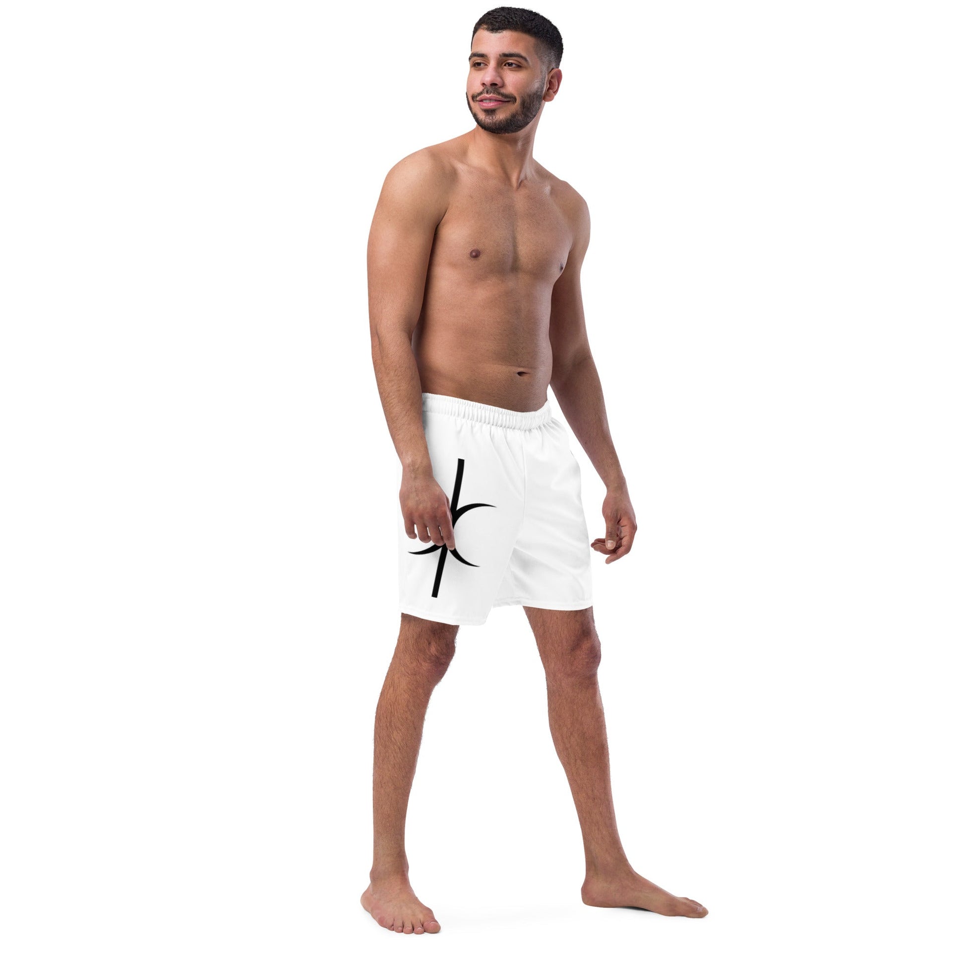 Man wearing white Hands of Eris swim trunks with black graphic design by kallistii