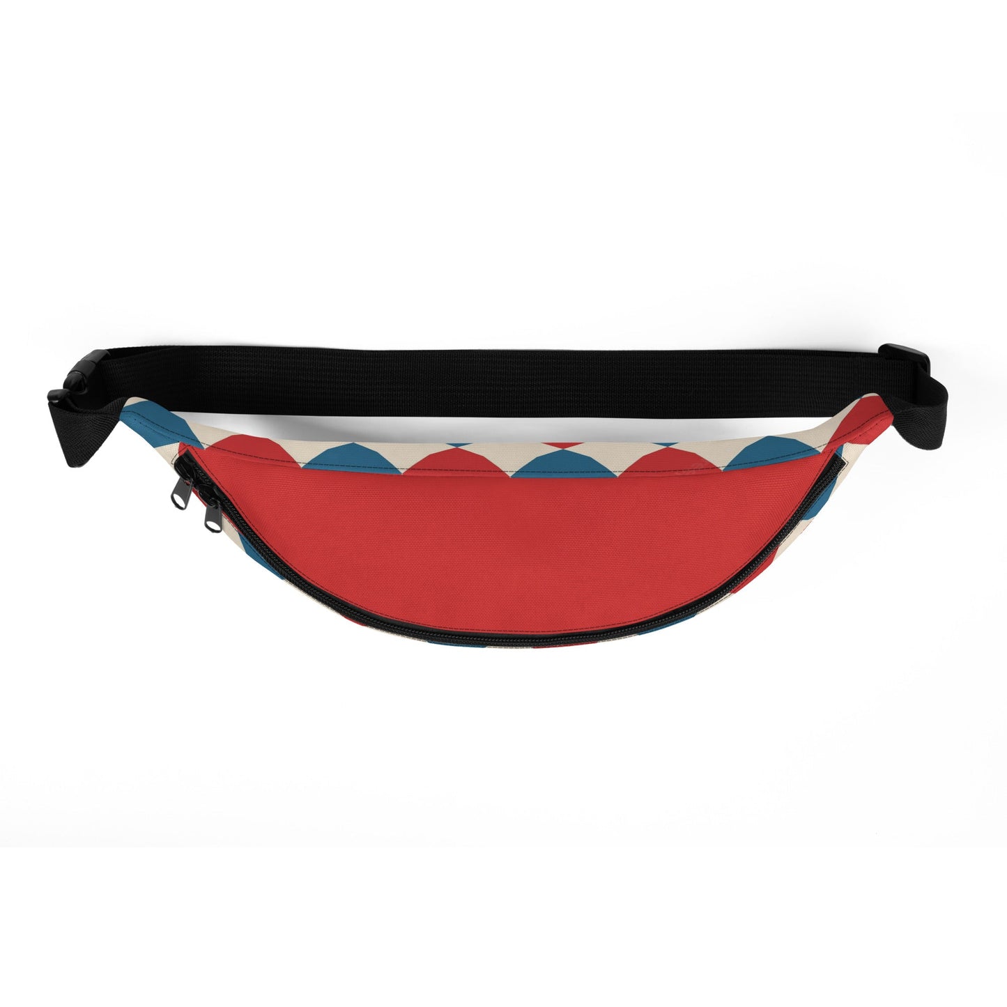 kallistii harlequin crossbody bag with red, blue, and white diamond pattern and black adjustable strap