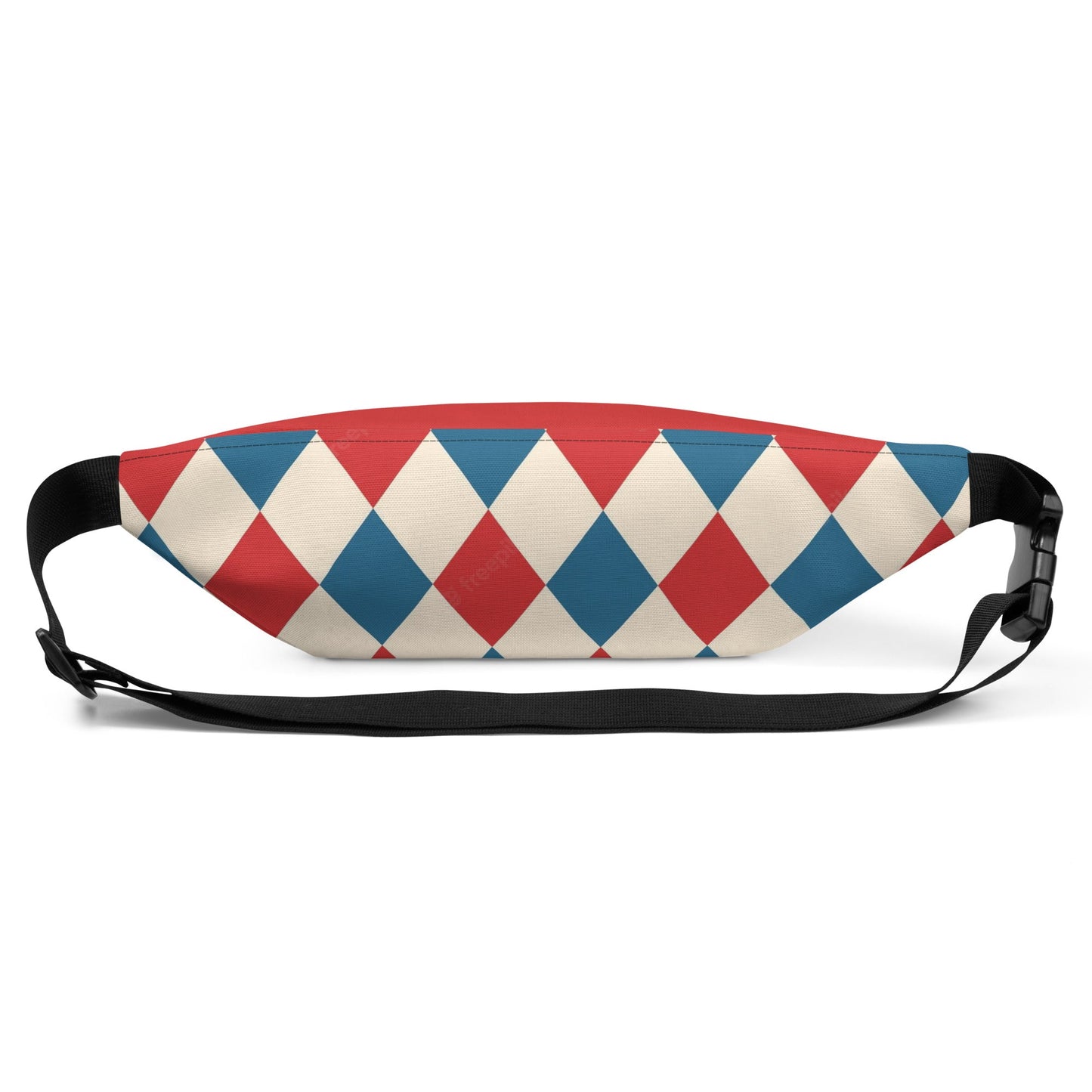 Kallistii harlequin crossbody bag with red blue and white diamond pattern and adjustable black strap