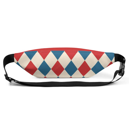 Kallistii harlequin crossbody bag with red blue and white diamond pattern and adjustable black strap