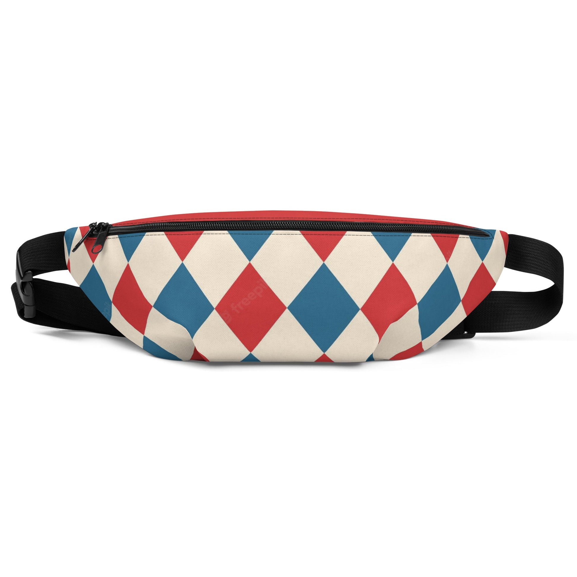 Kallistii harlequin crossbody bag with red and blue diamond pattern and black adjustable strap