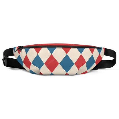 Kallistii harlequin crossbody bag with red and blue diamond pattern and black adjustable strap