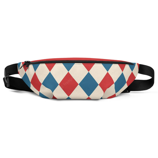 Kallistii harlequin crossbody bag with red and blue diamond pattern and black adjustable strap