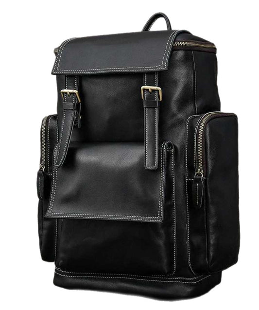 Kallistii black high capacity leather backpack with multiple zippered pockets and buckle closures