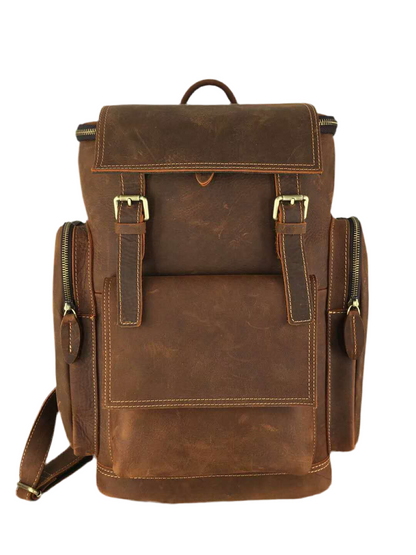 Kallistii high capacity leather backpack in brown with multiple compartments and buckle closures