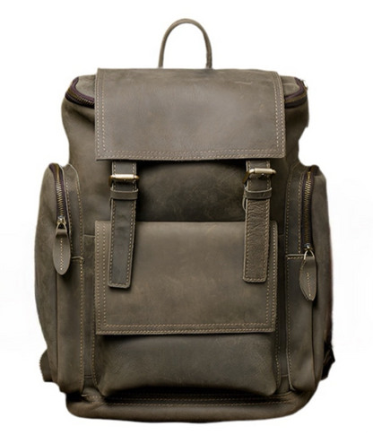 Kallistii high capacity leather backpack with front buckle closure and side zipper pockets in brown