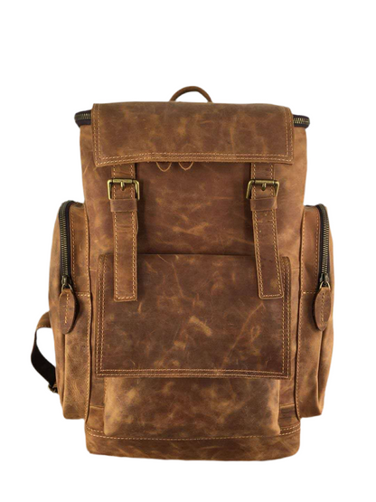 kallistii high capacity leather backpack in brown with multiple pockets and buckle closures