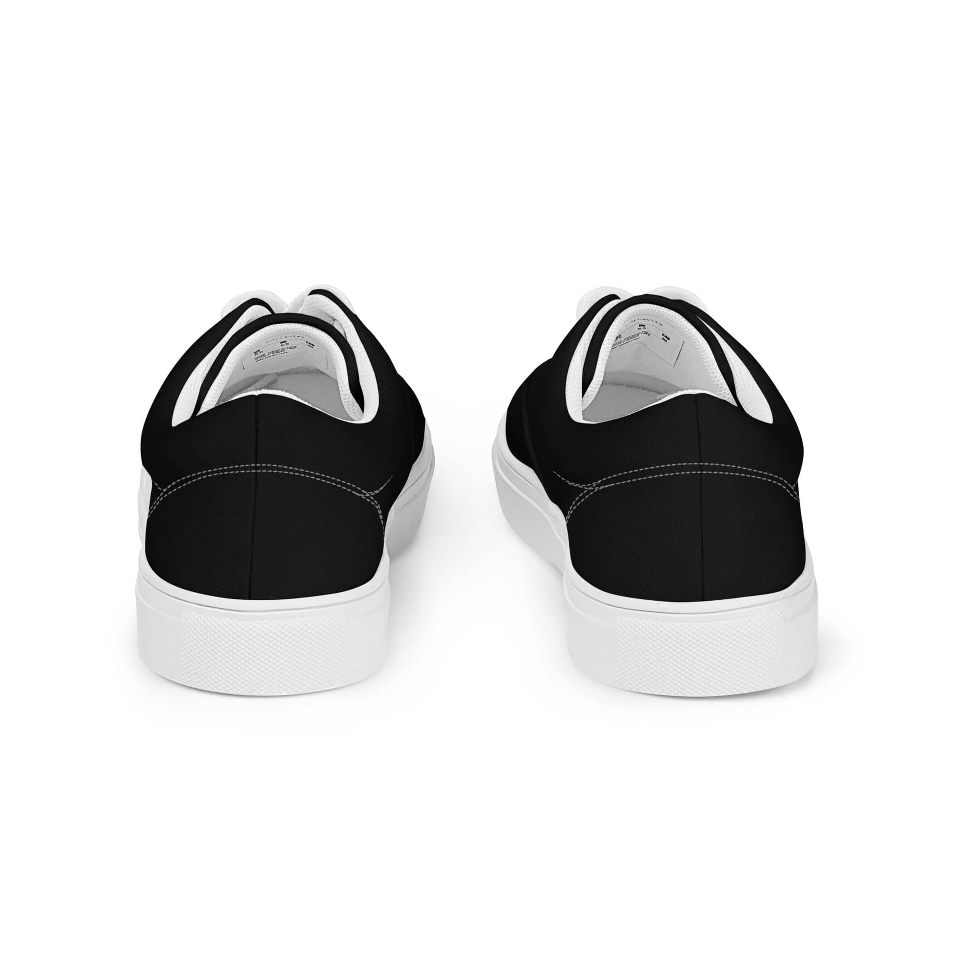 Black stylish low top shoes for men with white soles shown from the back by kallistii