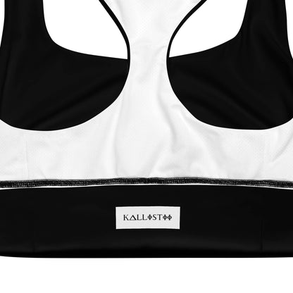 Black and white KALLISTII activewear sports bra with racerback design and brand logo tag