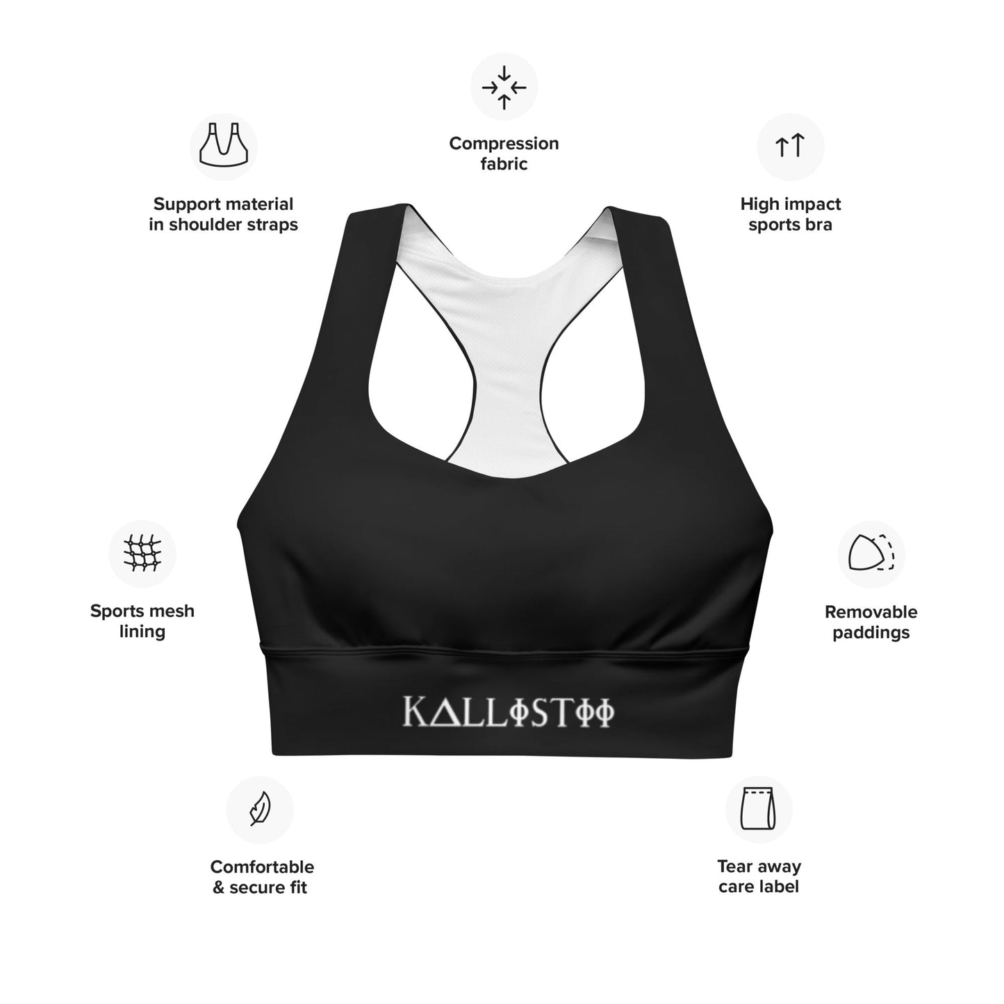 KALLISTII activewear sports bra in black with compression fabric and removable padding