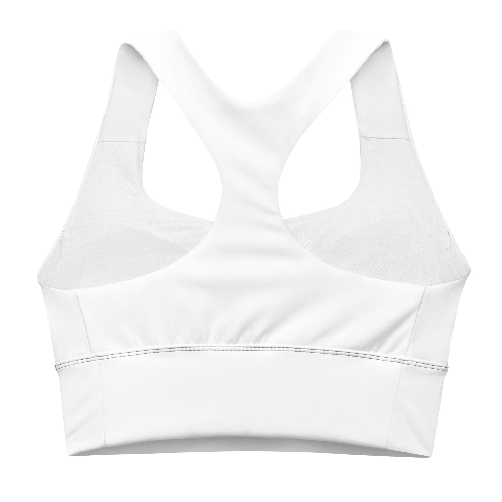 White KALLISTII activewear sports bra with racerback design and breathable mesh panels