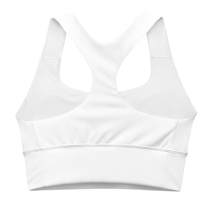 White KALLISTII activewear sports bra with racerback design and breathable mesh panels