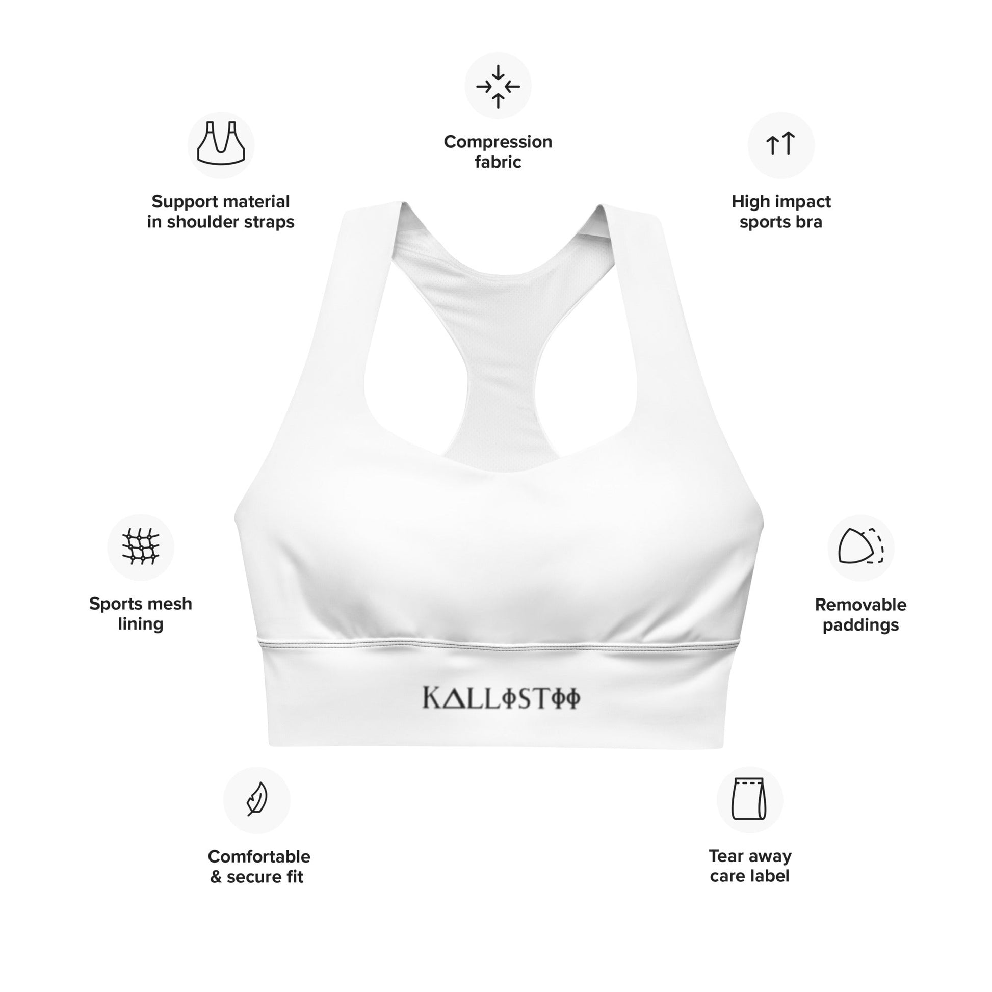 White KALLISTII activewear sports bra with compression fabric and removable padding