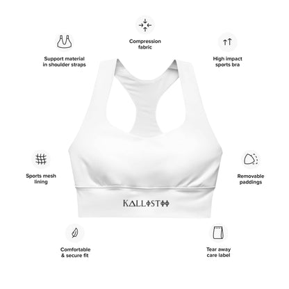 White KALLISTII activewear sports bra with compression fabric and removable padding