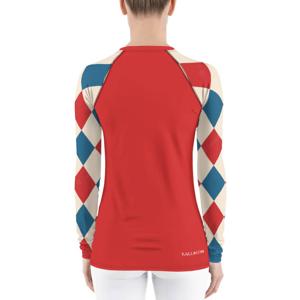 Kallistii long sleeve UPF swim top with red back and blue red diamond patterned sleeves