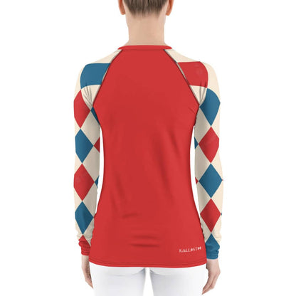 Kallistii long sleeve UPF swim top with red back and blue red diamond patterned sleeves
