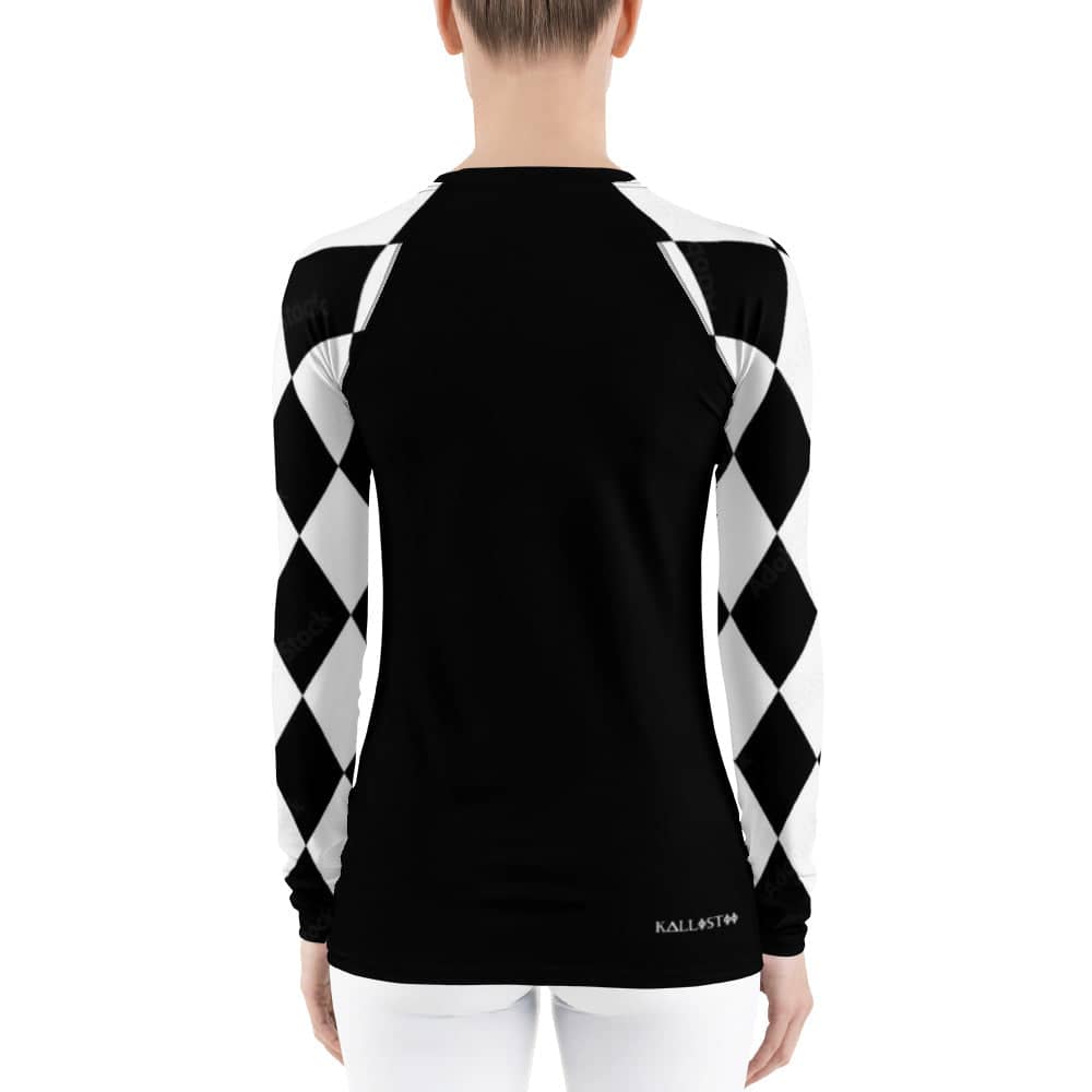 Kallistii black and white long sleeve UPF swim top with geometric patterned sleeves