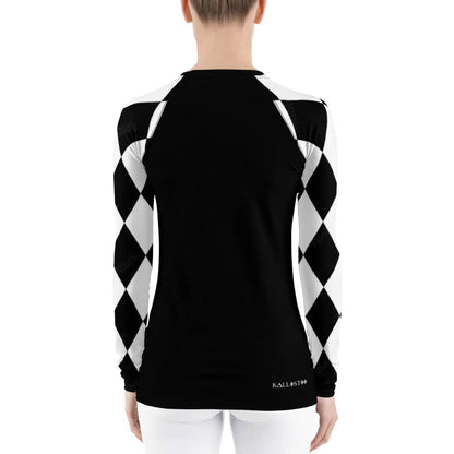 Kallistii black and white long sleeve UPF swim top with geometric patterned sleeves