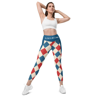 Woman wearing kallistii harlequin leggings with red blue and beige diamond pattern and white sports bra