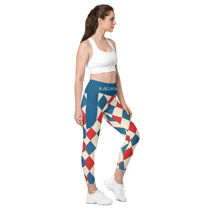 Woman wearing kallistii harlequin leggings with red blue diamond pattern and white sports bra