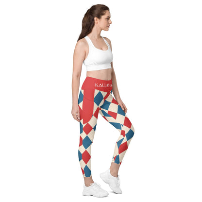 Woman wearing kallistii harlequin leggings with red, cream, and blue diamond pattern and white sports bra