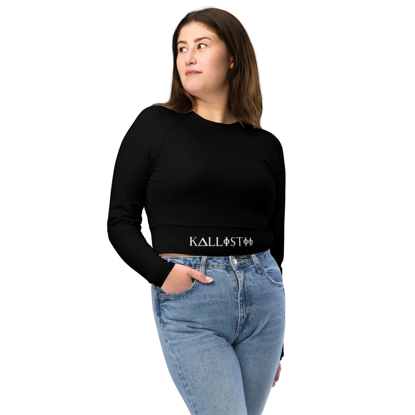 Black long sleeve unique womens workout crop top by kallistii paired with blue jeans