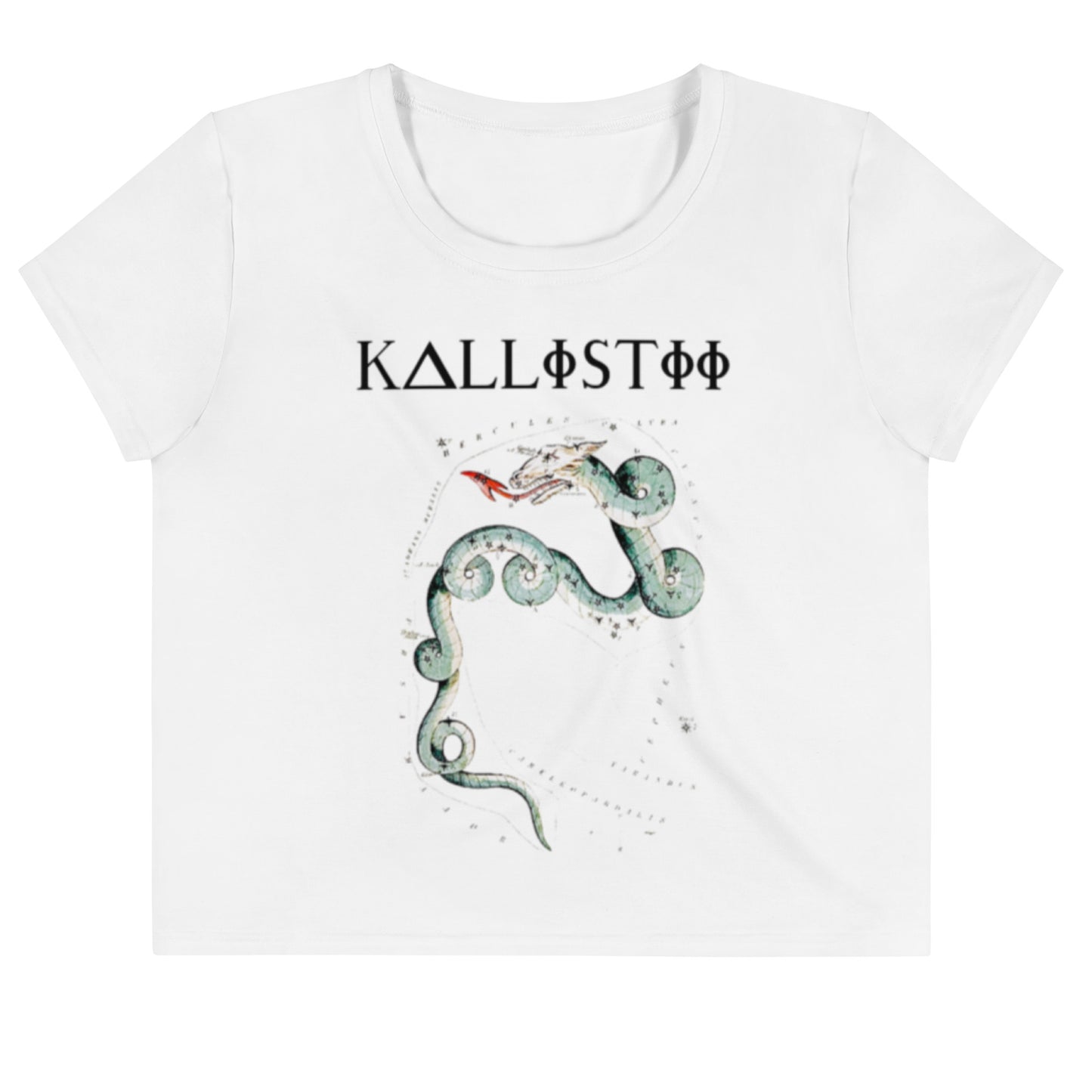 White kallistii dragon constellation crop tee with a green dragon design and star constellation print
