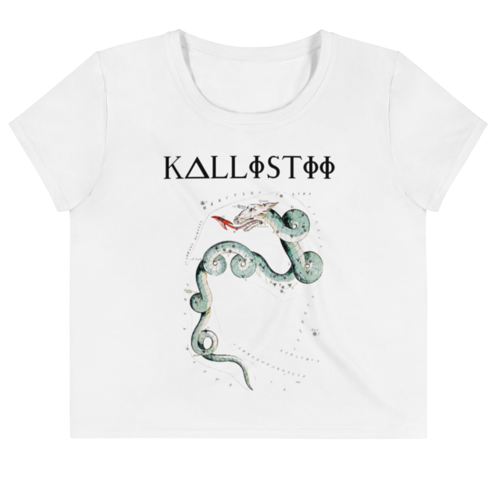White kallistii dragon constellation crop tee with a green dragon design and star constellation print