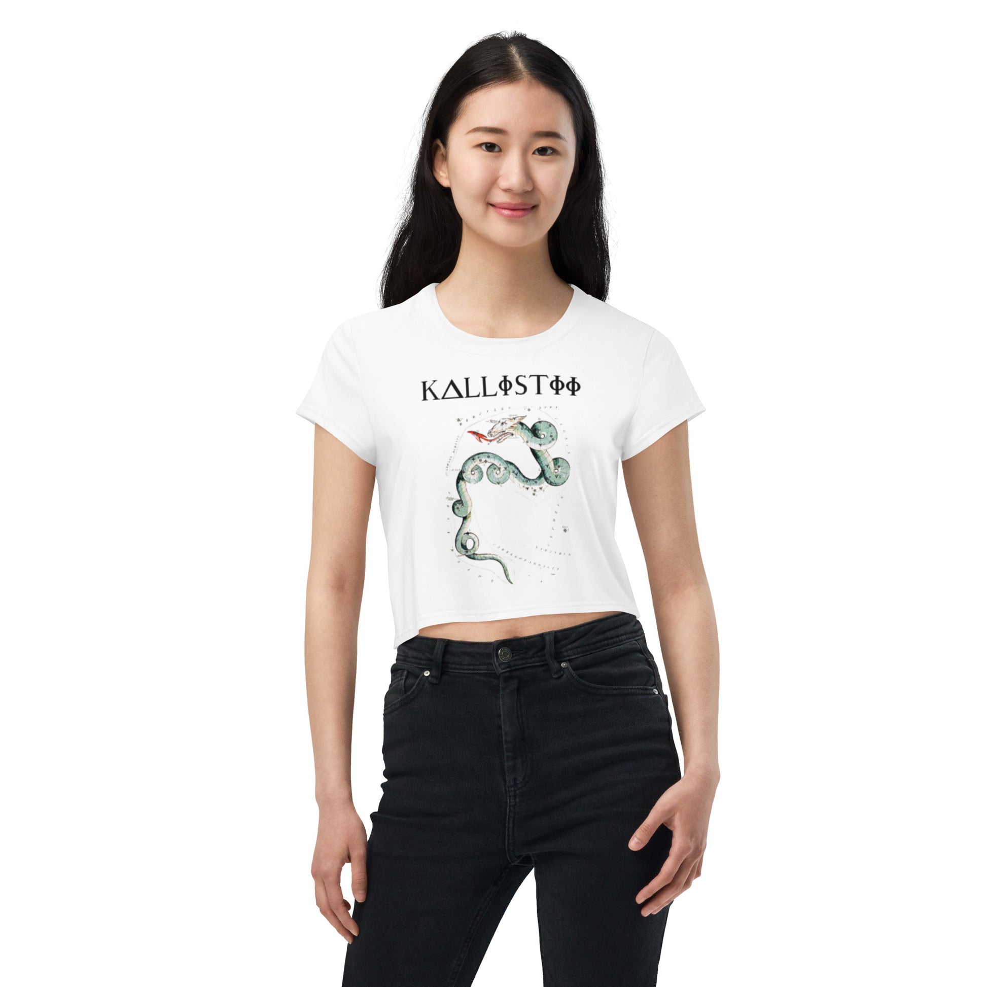 White dragon constellation crop tee with artistic dragon design worn by woman