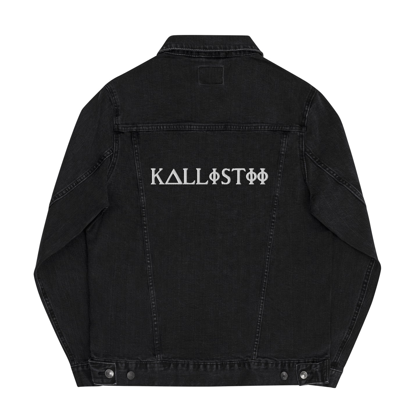 Kallistii black embroidered denim jacket with logo design on the back for stylish casual wear