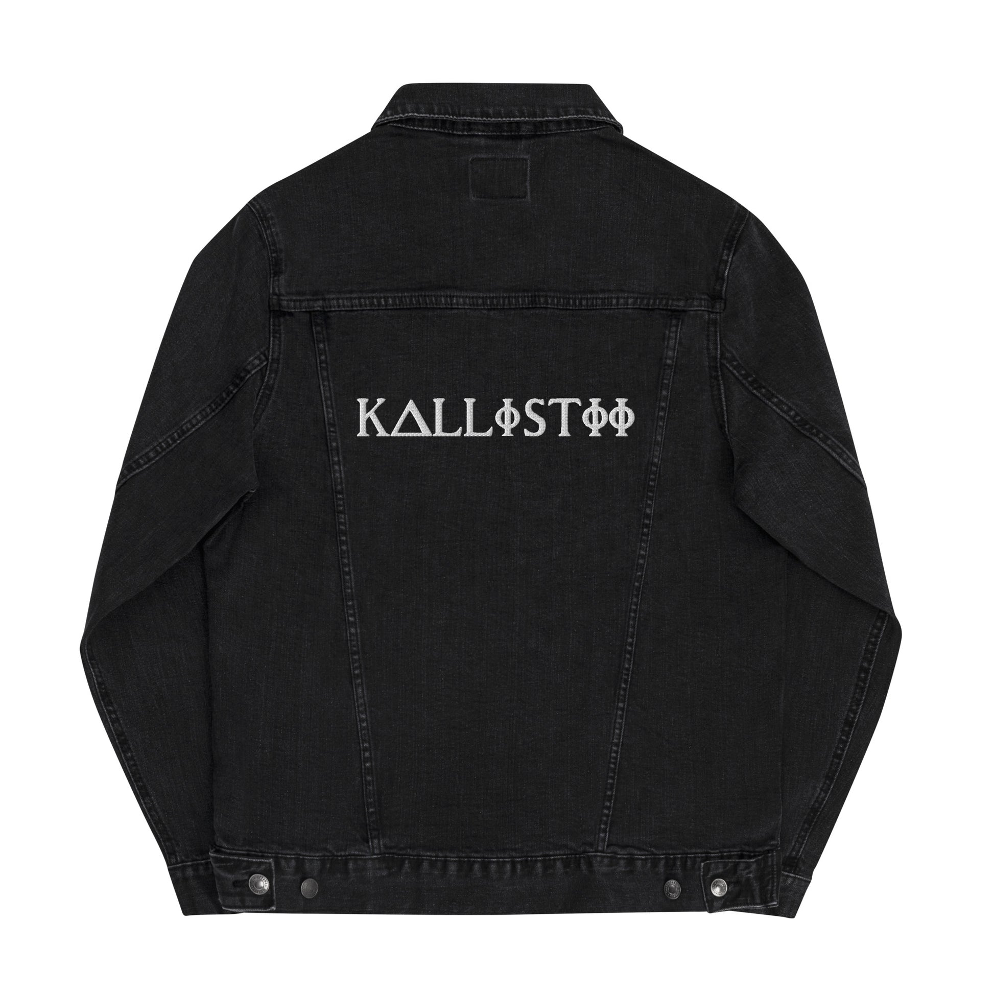 Kallistii black embroidered denim jacket with logo design on the back for stylish casual wear