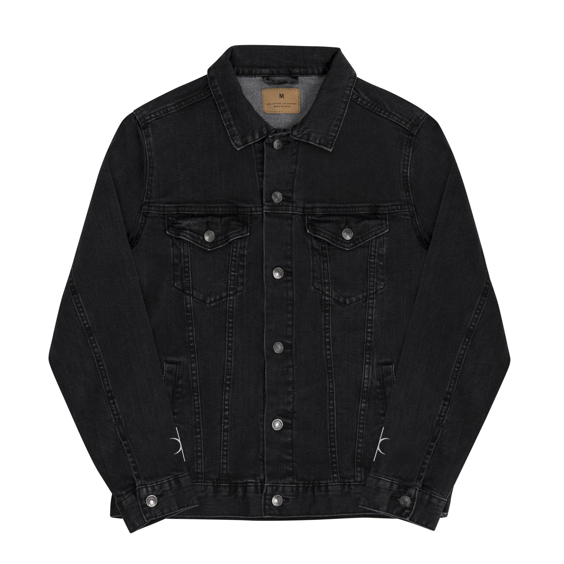 Kallistii black embroidered denim jacket with button-up front and chest pockets