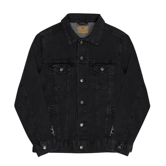 Kallistii black embroidered denim jacket with button-up front and chest pockets